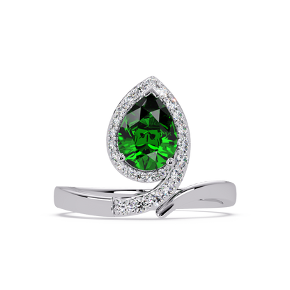 1.4 CTW Pear Halo Bypass Pavé Colorstone Ring with Emerald Green center in 14K White Gold – Lunéa Paris