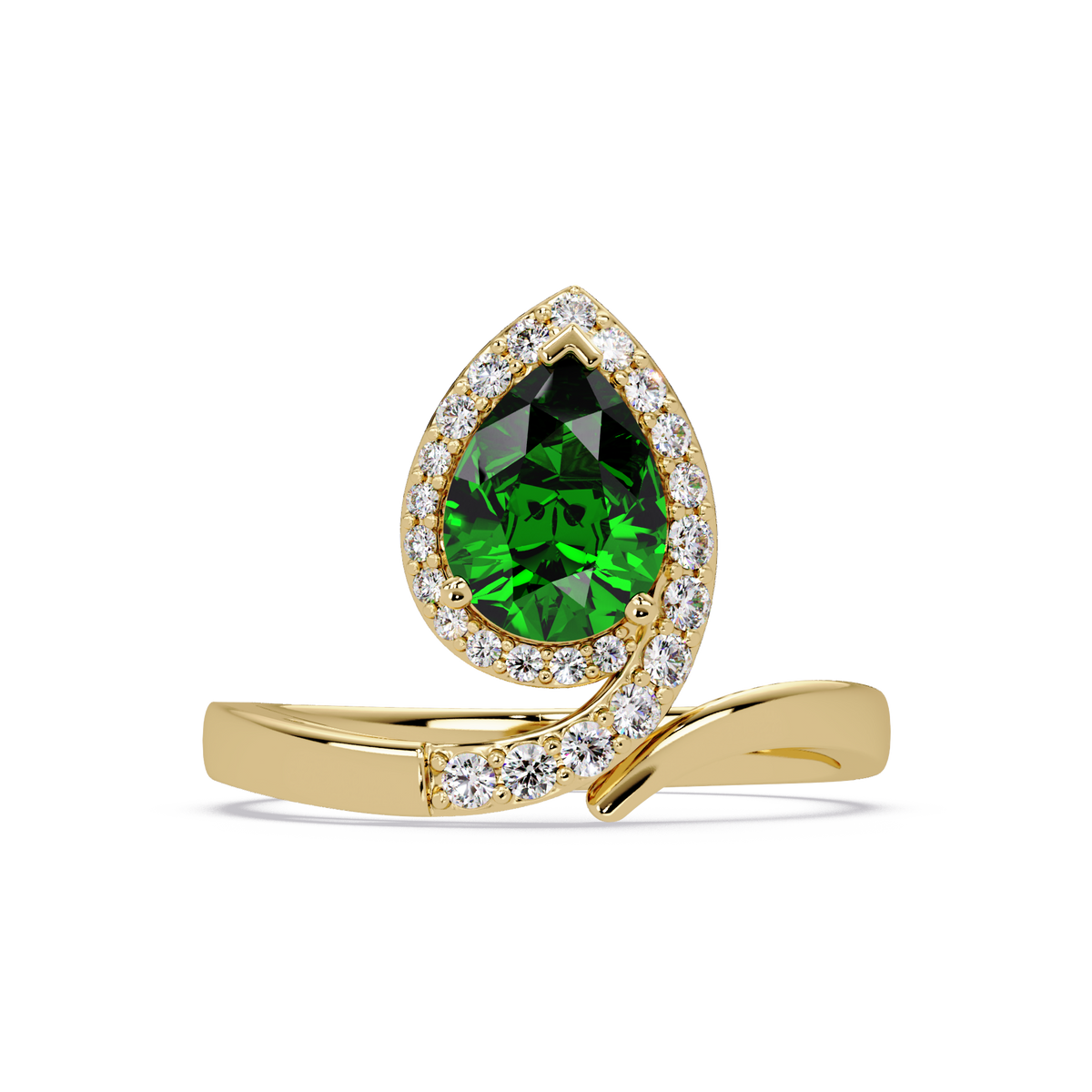1.4 CTW Pear Halo Bypass Pavé Colorstone Ring with Emerald Green center in 14K Yellow Gold – Lunéa Paris