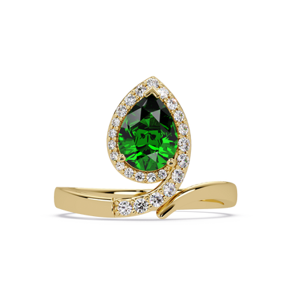 1.4 CTW Pear Halo Bypass Pavé Colorstone Ring with Emerald Green center in 14K Yellow Gold – Lunéa Paris