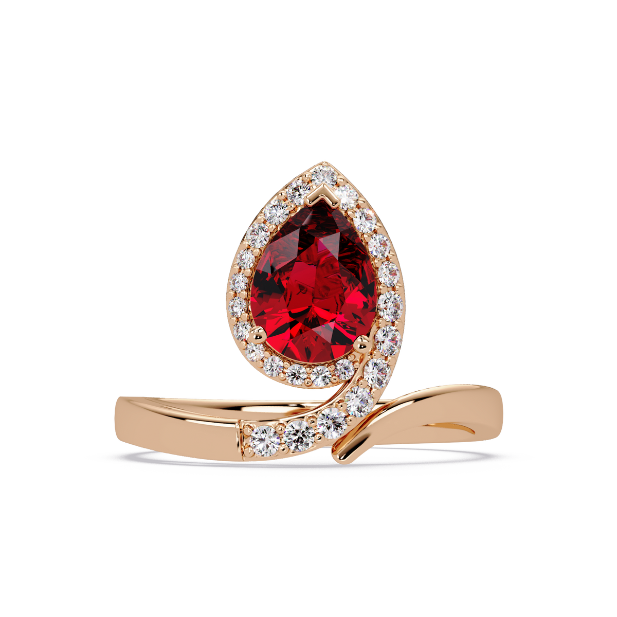 1.4 CTW Pear Halo Bypass Pavé Colorstone Ring with Ruby Red center in 14K Rose Gold – Lunéa Paris