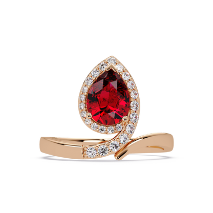 1.4 CTW Pear Halo Bypass Pavé Colorstone Ring with Ruby Red center in 14K Rose Gold – Lunéa Paris