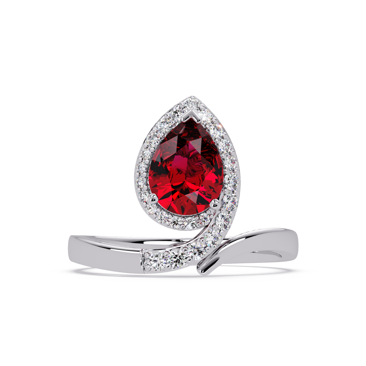 1.4 CTW Pear Halo Bypass Pavé Colorstone Ring with Ruby Red center in 14K White Gold – Lunéa Paris