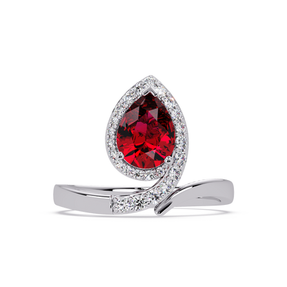 1.4 CTW Pear Halo Bypass Pavé Colorstone Ring with Ruby Red center in 14K White Gold – Lunéa Paris