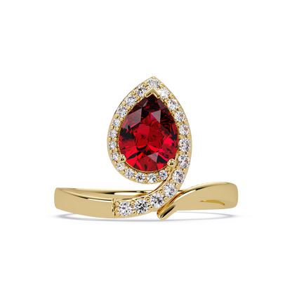 1.4 CTW Pear Halo Bypass Pavé Colorstone Ring with Ruby Red center in 14K Yellow Gold – Lunéa Paris