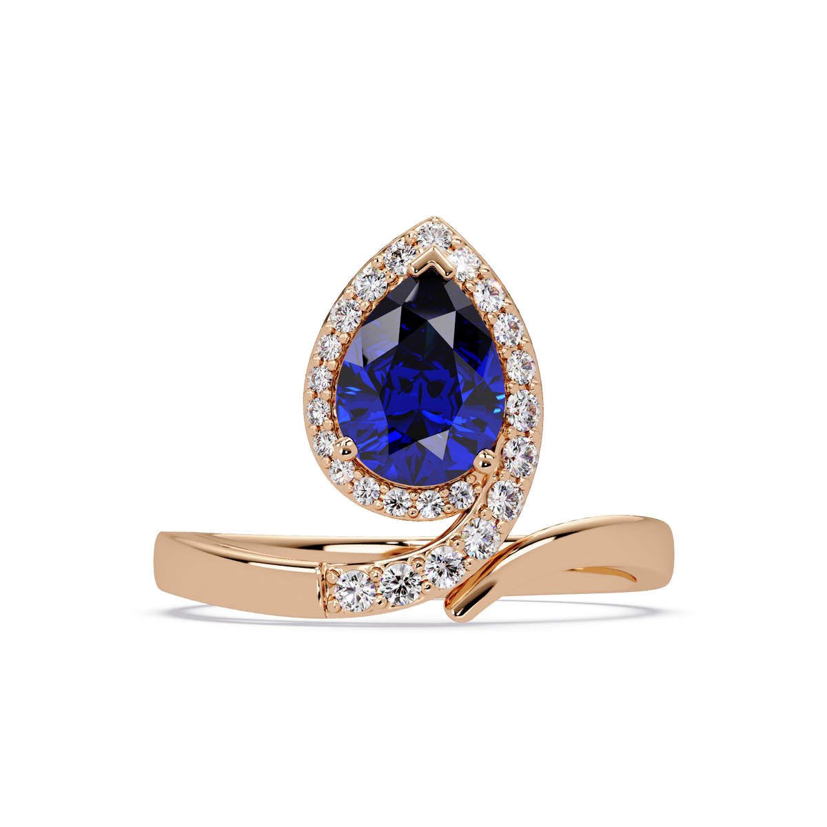 1.4 CTW Pear Halo Bypass Pavé Colorstone Ring with Sapphire Blue center in 14K Rose Gold – Lunéa Paris