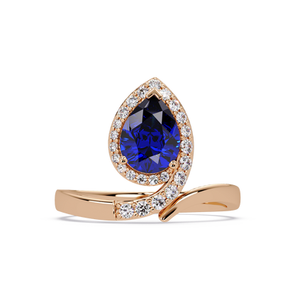 1.4 CTW Pear Halo Bypass Pavé Colorstone Ring with Sapphire Blue center in 14K Rose Gold – Lunéa Paris