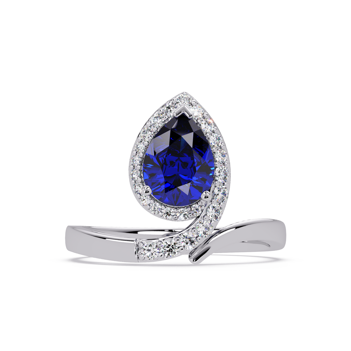 1.4 CTW Pear Halo Bypass Pavé Colorstone Ring with Sapphire Blue center in 14K White Gold – Lunéa Paris