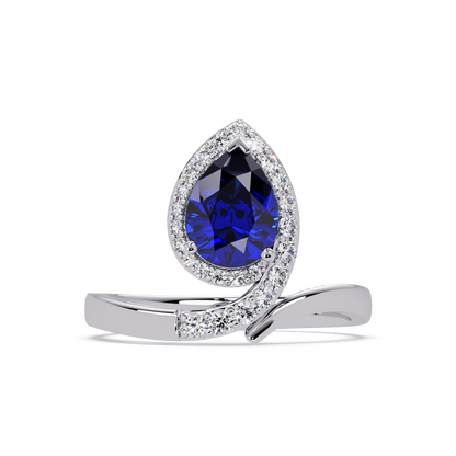 1.4 CTW Pear Halo Bypass Pavé Colorstone Ring with Sapphire Blue center in 14K White Gold – Lunéa Paris