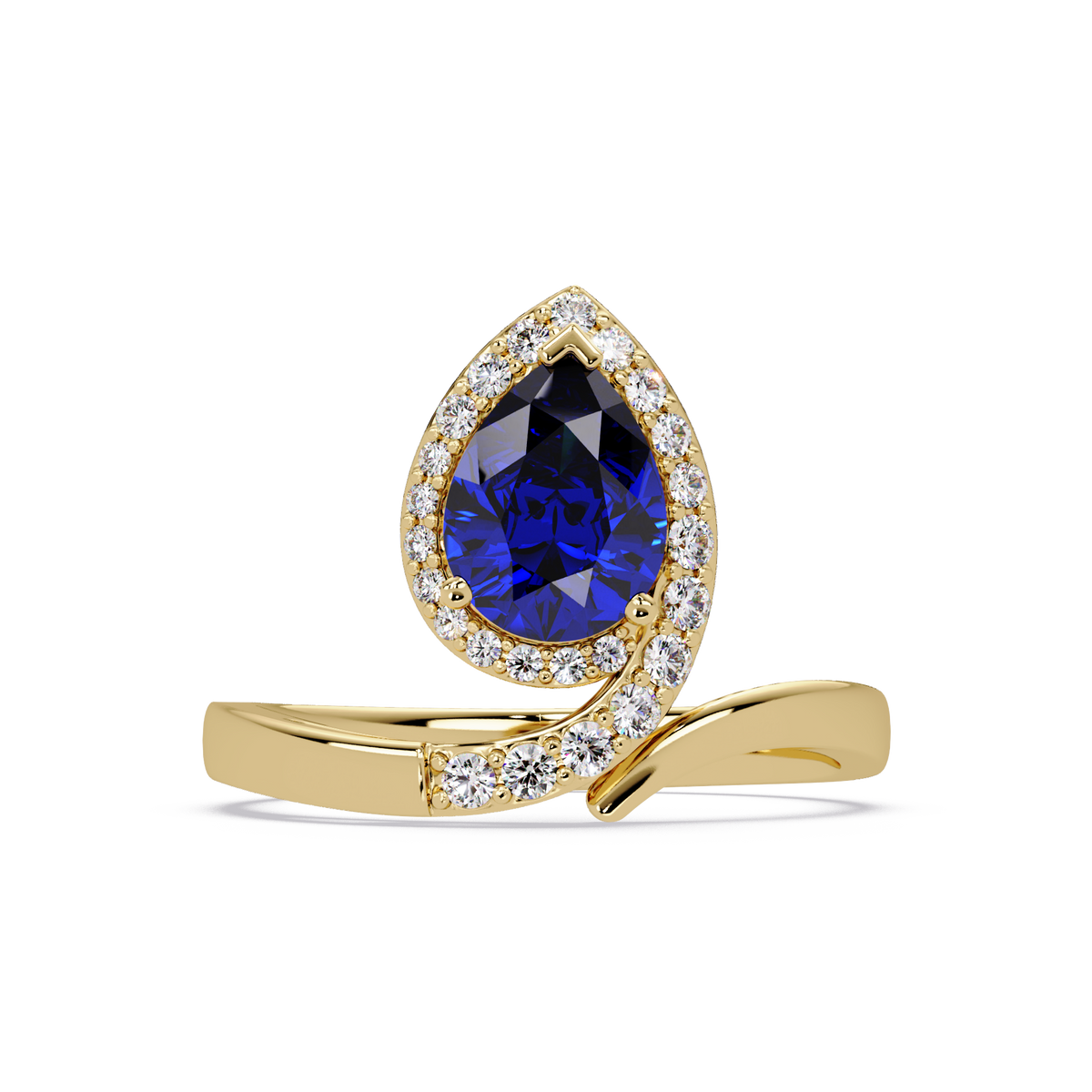 1.4 CTW Pear Halo Bypass Pavé Colorstone Ring with Sapphire Blue center in 14K Yellow Gold – Lunéa Paris