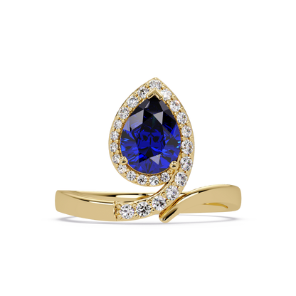 1.4 CTW Pear Halo Bypass Pavé Colorstone Ring with Sapphire Blue center in 14K Yellow Gold – Lunéa Paris