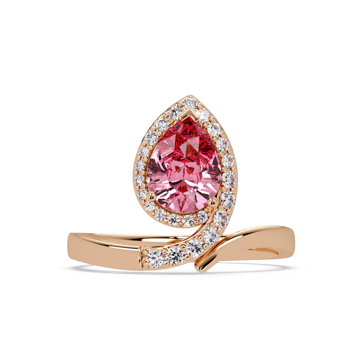 1.4 CTW Pear Halo Bypass Pavé Colorstone Ring with Tourmaline Pink center in 14K Rose Gold – Lunéa Paris