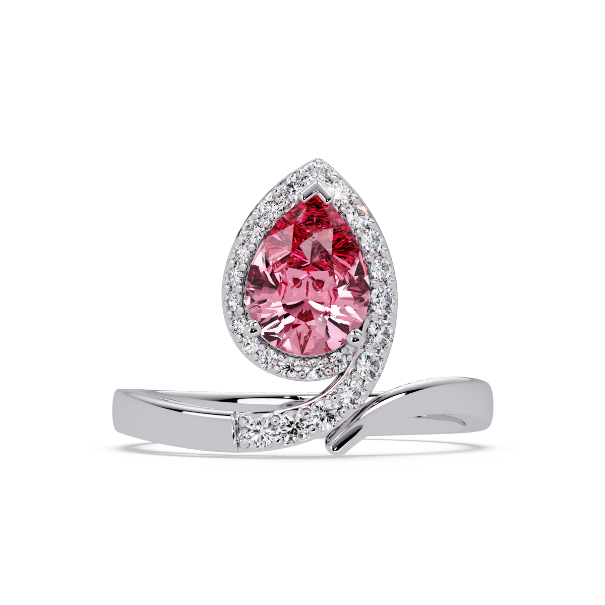 1.4 CTW Pear Halo Bypass Pavé Colorstone Ring with Tourmaline Pink center in 14K White Gold – Lunéa Paris