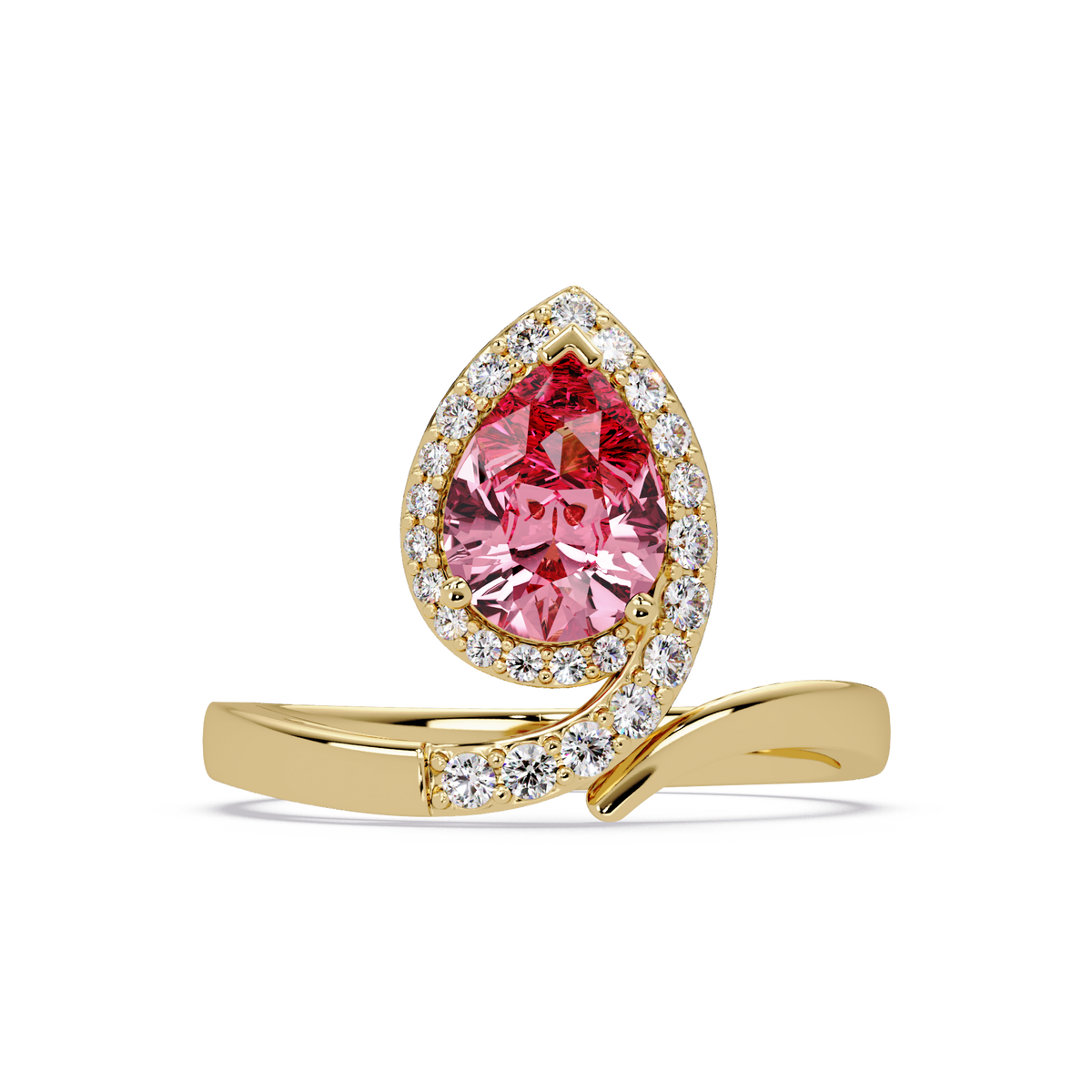 1.4 CTW Pear Halo Bypass Pavé Colorstone Ring with Tourmaline Pink center in 14K Yellow Gold – Lunéa Paris