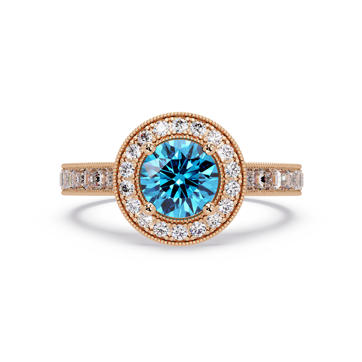 1.5 CTW Round Baguette Double-Halo Colorstone Ring with Aquamarine Blue center in 14K Rose Gold – Lunéa Paris