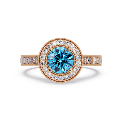 1.5 CTW Round Baguette Double-Halo Colorstone Ring with Aquamarine Blue center in 14K Rose Gold – Lunéa Paris