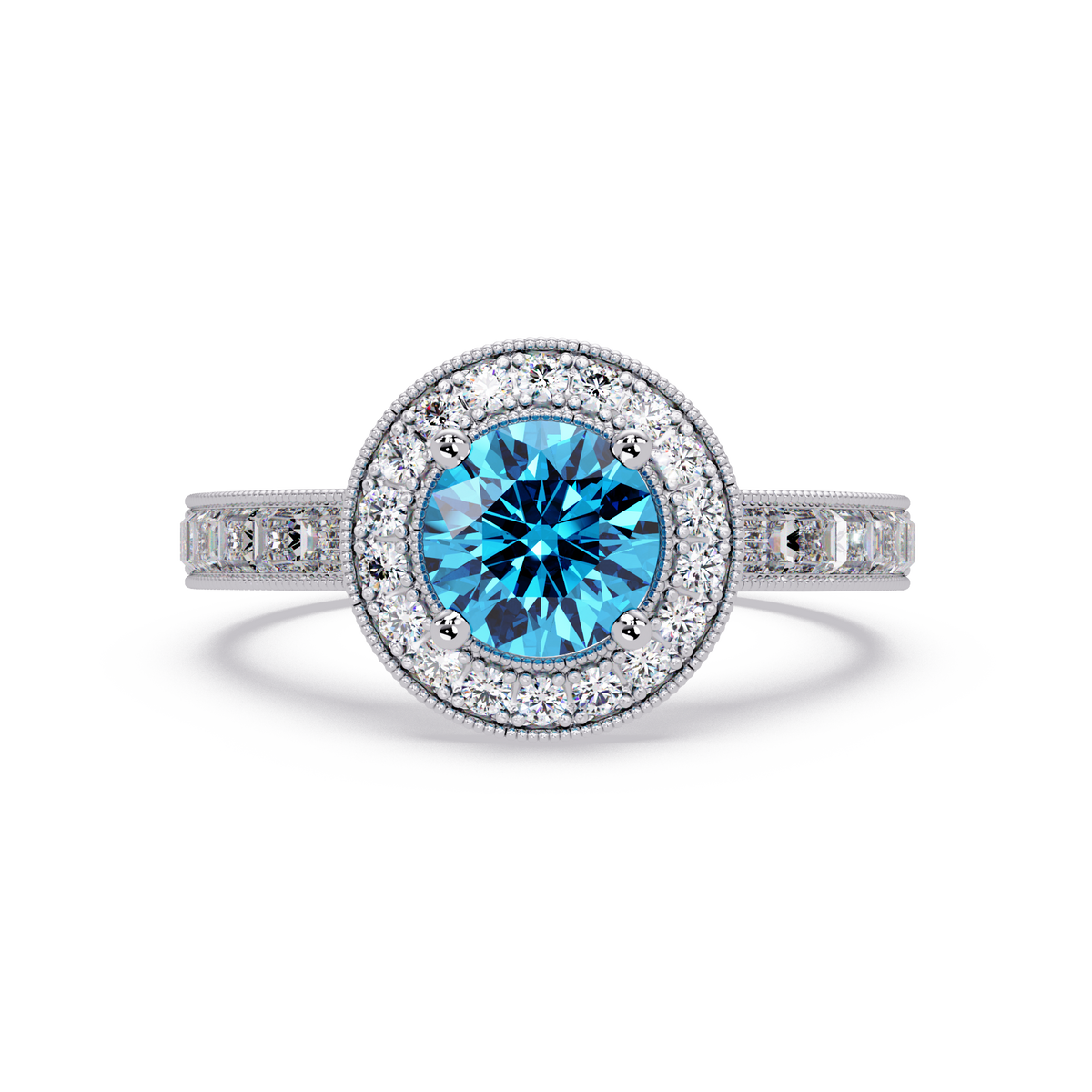 1.5 CTW Round Baguette Double-Halo Colorstone Ring with Aquamarine Blue center in 14K White Gold – Lunéa Paris