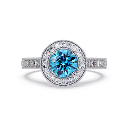1.5 CTW Round Baguette Double-Halo Colorstone Ring with Aquamarine Blue center in 14K White Gold – Lunéa Paris