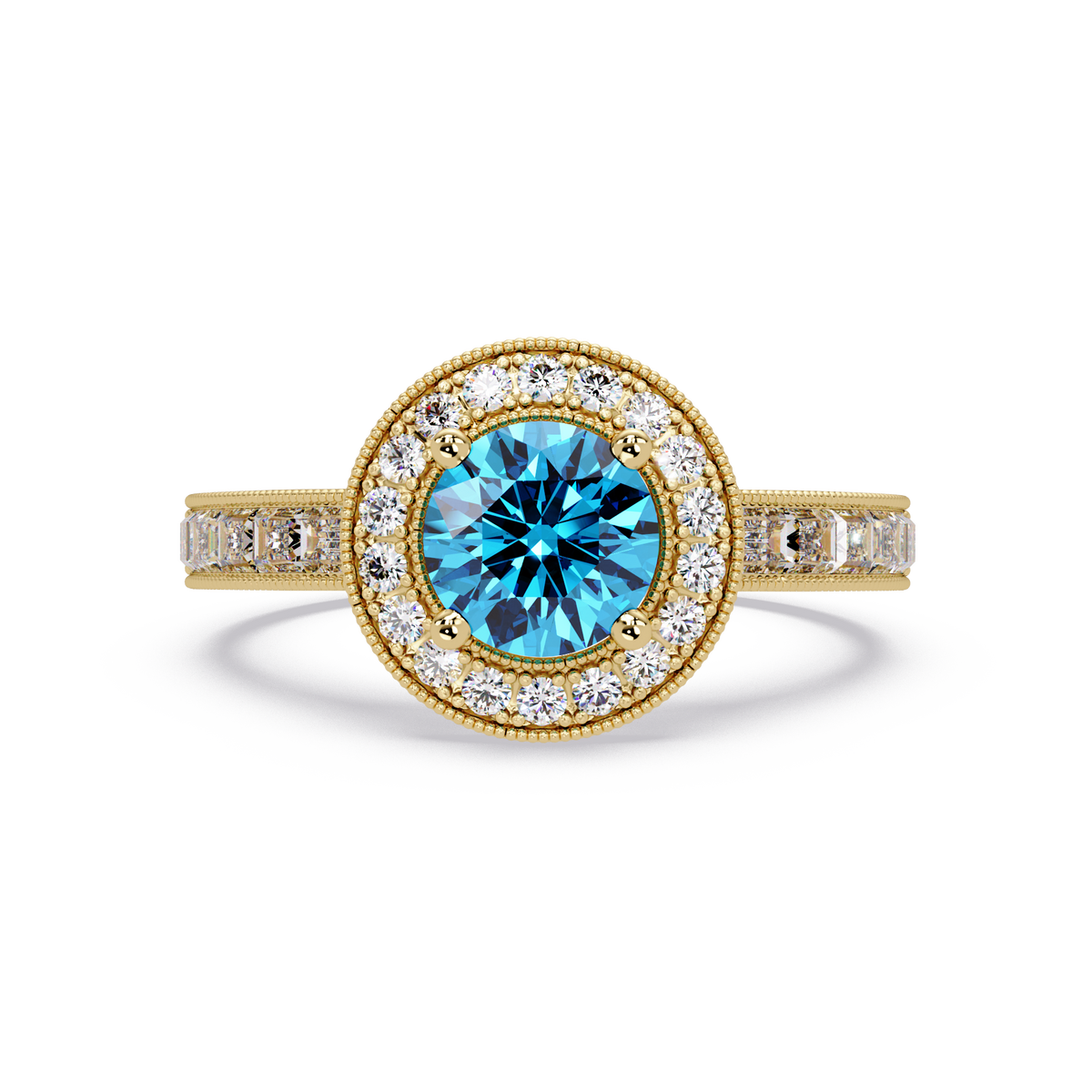 1.5 CTW Round Baguette Double-Halo Colorstone Ring with Aquamarine Blue center in 14K Yellow Gold – Lunéa Paris
