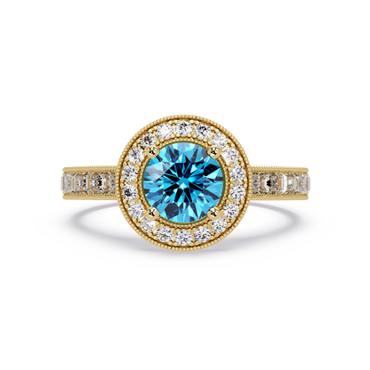 1.5 CTW Round Baguette Double-Halo Colorstone Ring with Aquamarine Blue center in 14K Yellow Gold – Lunéa Paris