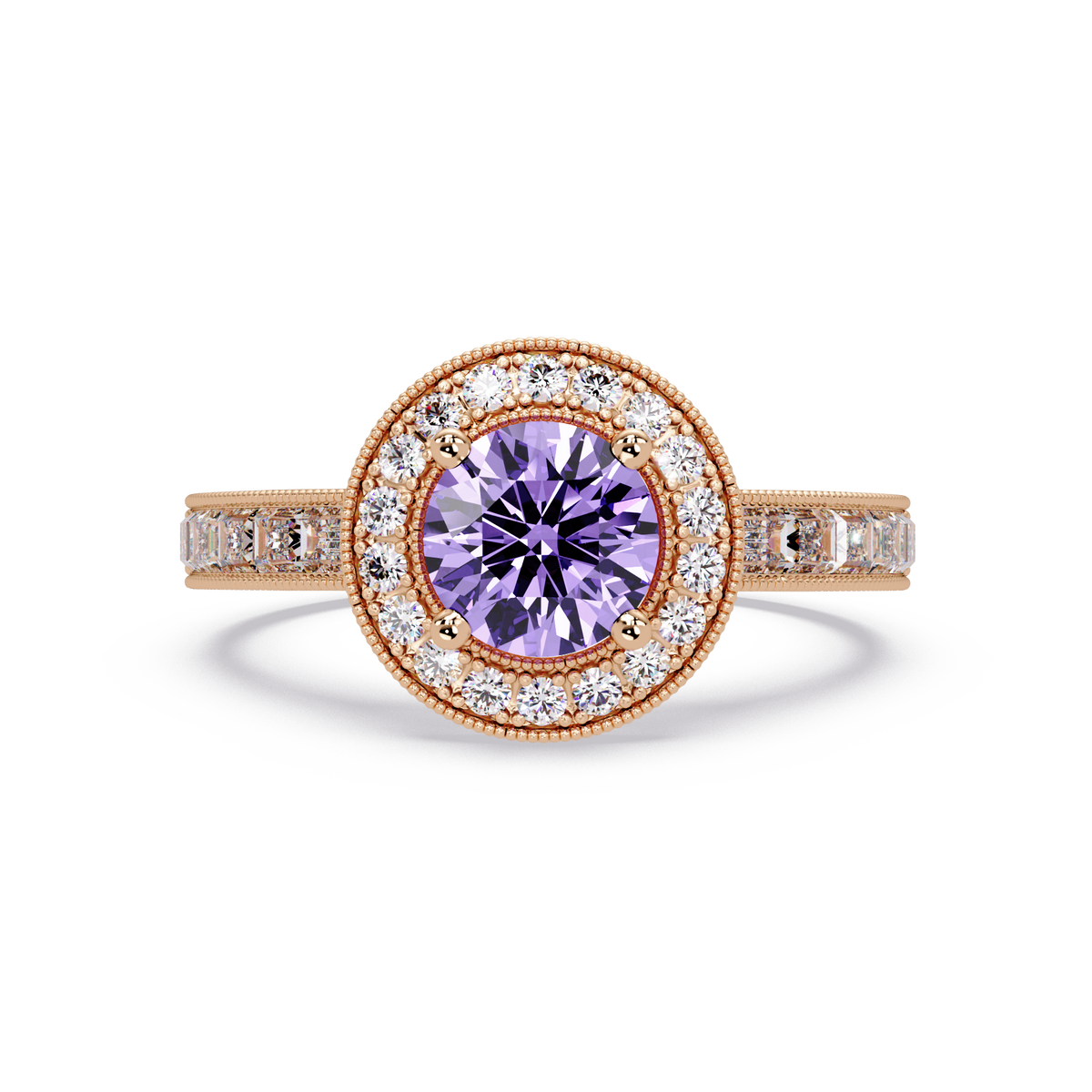 1.5 CTW Round Baguette Double-Halo Colorstone Ring with Amethyst Purple center in 14K Rose Gold – Lunéa Paris