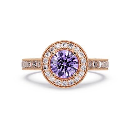 1.5 CTW Round Baguette Double-Halo Colorstone Ring with Amethyst Purple center in 14K Rose Gold – Lunéa Paris