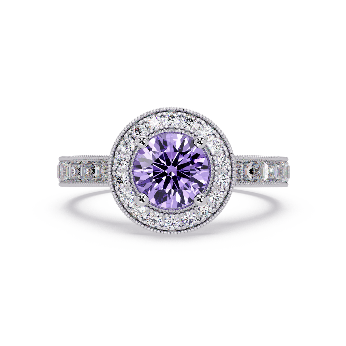 1.5 CTW Round Baguette Double-Halo Colorstone Ring with Amethyst Purple center in 14K White Gold – Lunéa Paris