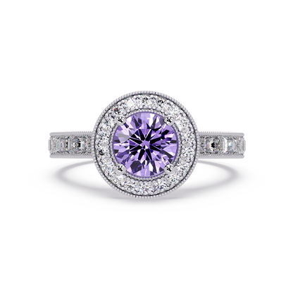 1.5 CTW Round Baguette Double-Halo Colorstone Ring with Amethyst Purple center in 14K White Gold – Lunéa Paris