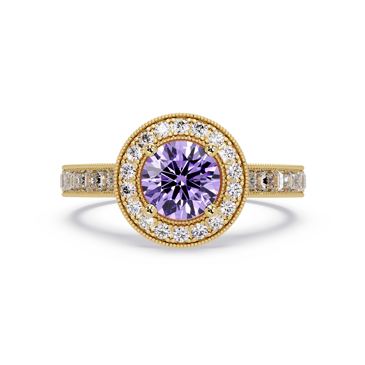 1.5 CTW Round Baguette Double-Halo Colorstone Ring with Amethyst Purple center in 14K Yellow Gold – Lunéa Paris