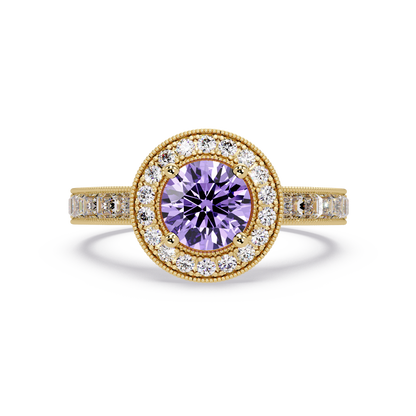 1.5 CTW Round Baguette Double-Halo Colorstone Ring with Amethyst Purple center in 14K Yellow Gold – Lunéa Paris
