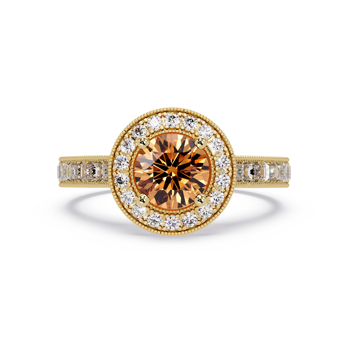 1.5 CTW Round Baguette Double-Halo Colorstone Ring with Champagne Topaz center in 14K Yellow Gold – Lunéa Paris