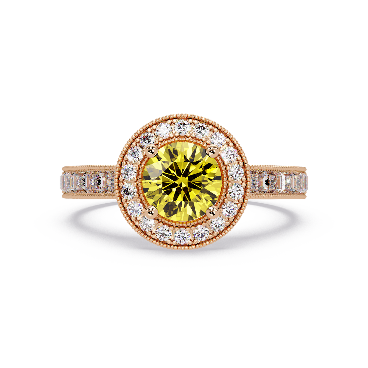 1.5 CTW Round Baguette Double-Halo Colorstone Ring with Citrine Yellow center in 14K Rose Gold – Lunéa Paris
