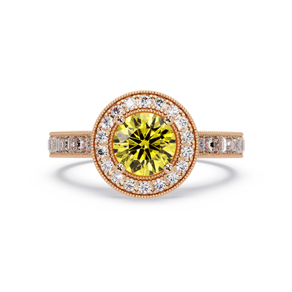 1.5 CTW Round Baguette Double-Halo Colorstone Ring with Citrine Yellow center in 14K Rose Gold – Lunéa Paris