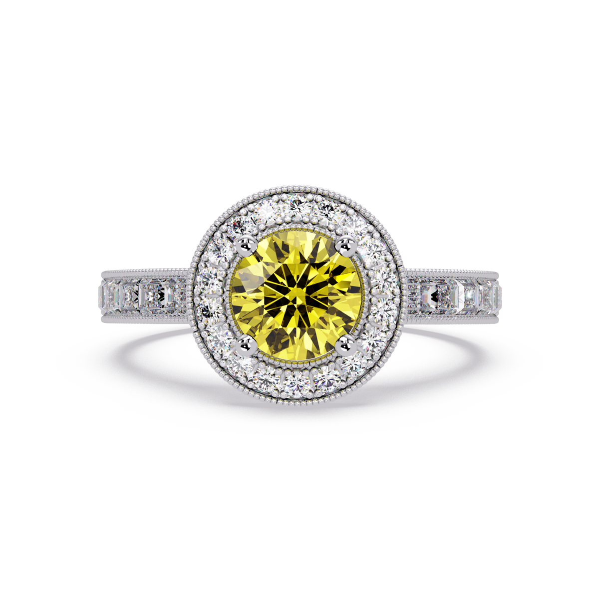 1.5 CTW Round Baguette Double-Halo Colorstone Ring with Citrine Yellow center in 14K White Gold – Lunéa Paris