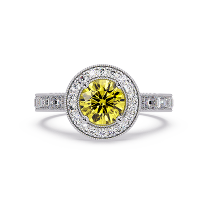 1.5 CTW Round Baguette Double-Halo Colorstone Ring with Citrine Yellow center in 14K White Gold – Lunéa Paris