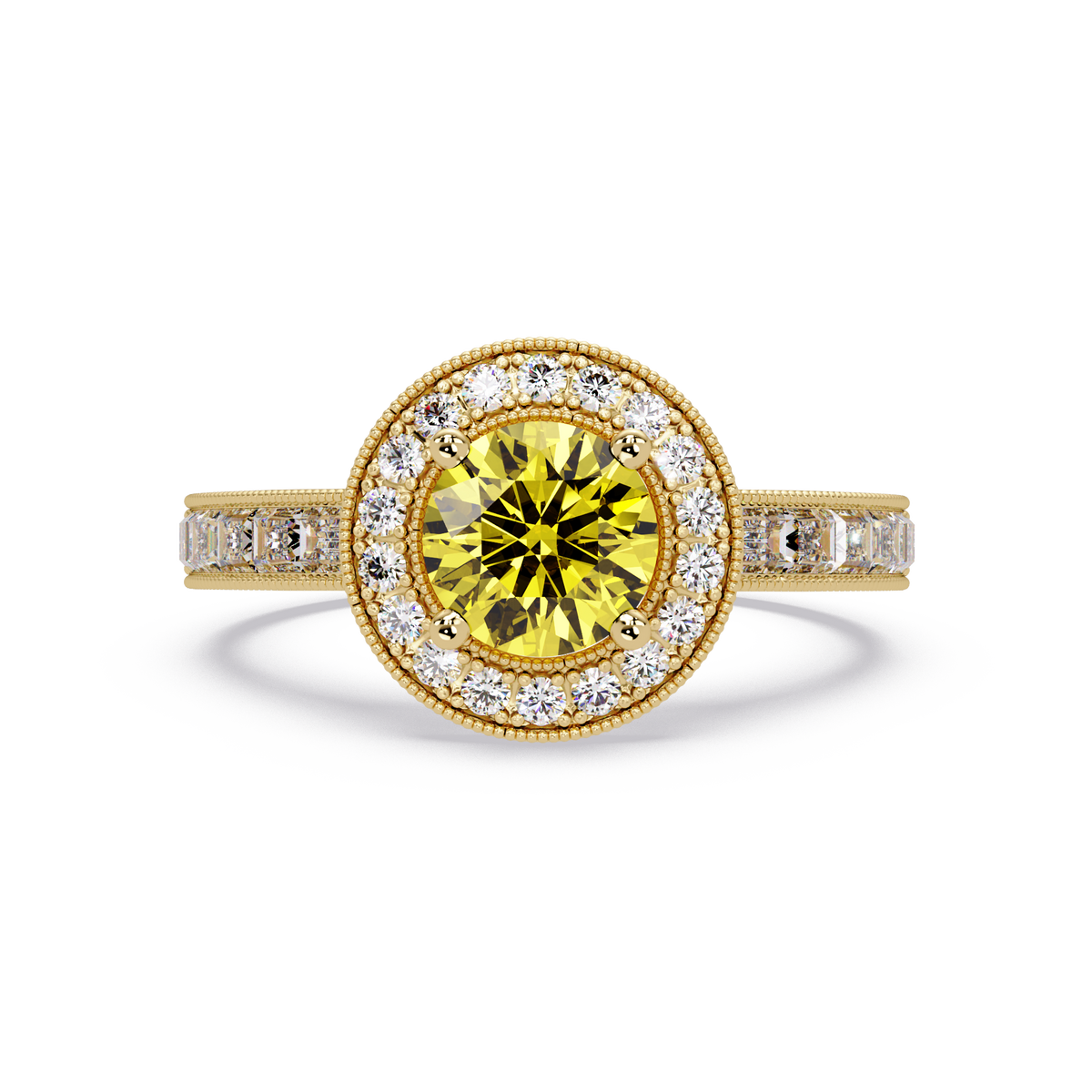 1.5 CTW Round Baguette Double-Halo Colorstone Ring with Citrine Yellow center in 14K Yellow Gold – Lunéa Paris