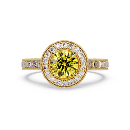 1.5 CTW Round Baguette Double-Halo Colorstone Ring with Citrine Yellow center in 14K Yellow Gold – Lunéa Paris