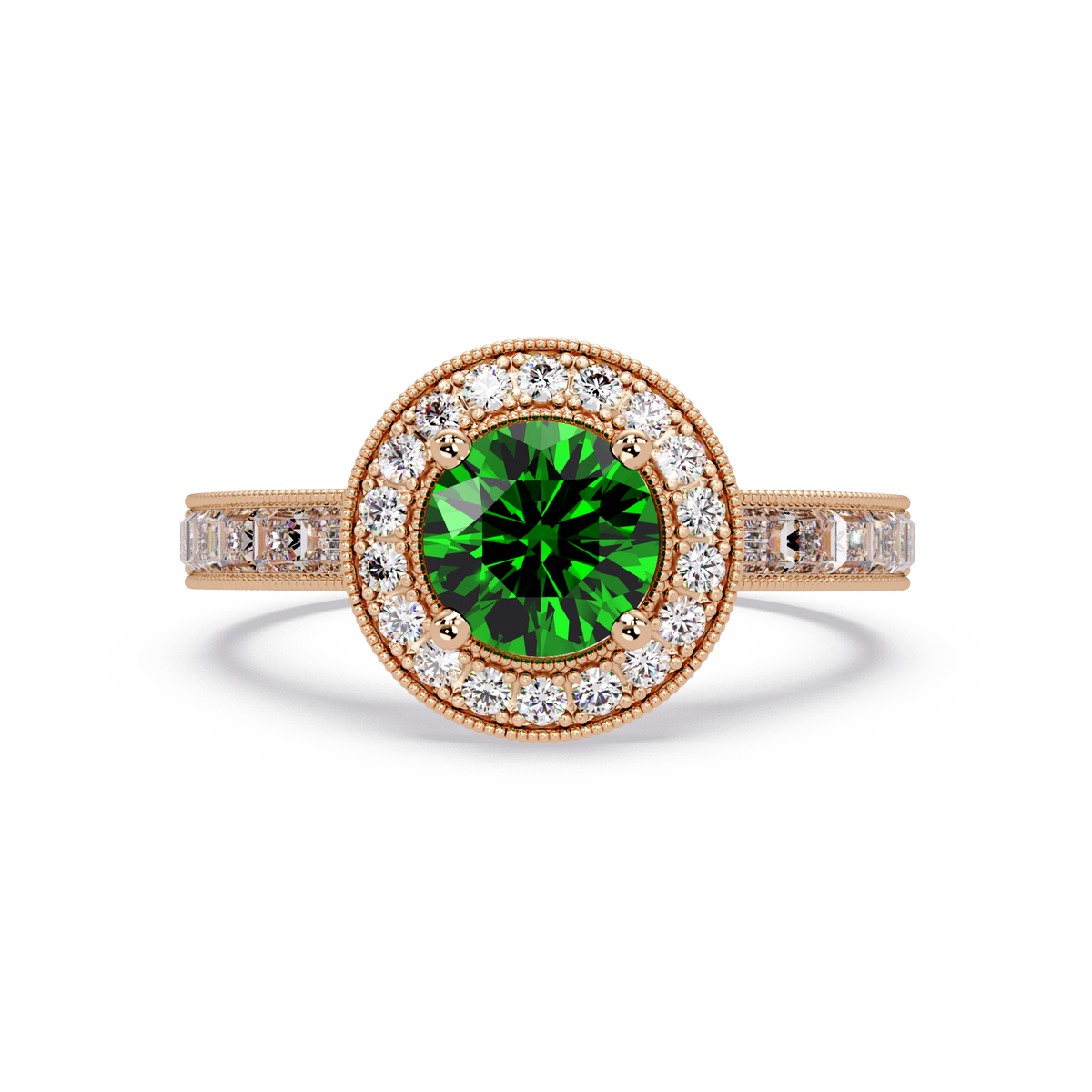 1.5 CTW Round Baguette Double-Halo Colorstone Ring with Emerald Green center in 14K Rose Gold – Lunéa Paris