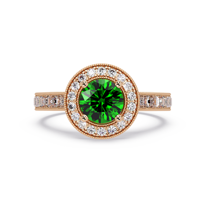 1.5 CTW Round Baguette Double-Halo Colorstone Ring with Emerald Green center in 14K Rose Gold – Lunéa Paris