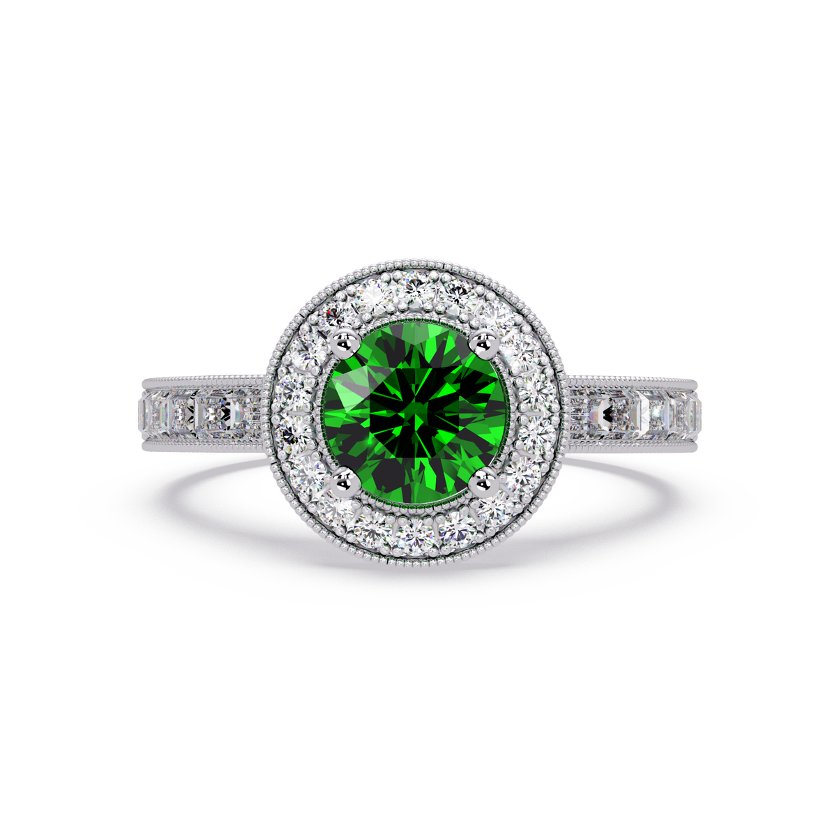 1.5 CTW Round Baguette Double-Halo Colorstone Ring with Emerald Green center in 14K White Gold – Lunéa Paris