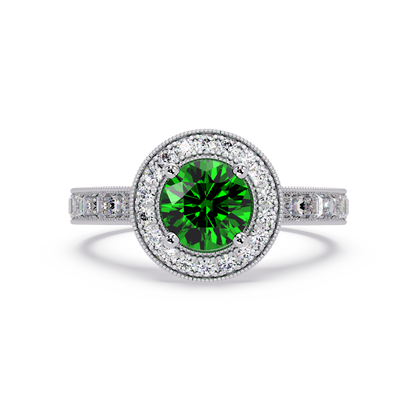1.5 CTW Round Baguette Double-Halo Colorstone Ring with Emerald Green center in 14K White Gold – Lunéa Paris