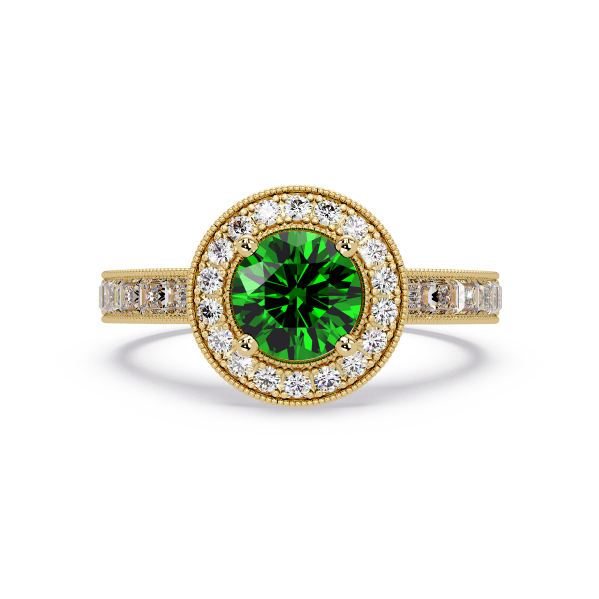 1.5 CTW Round Baguette Double-Halo Colorstone Ring with Emerald Green center in 14K Yellow Gold – Lunéa Paris