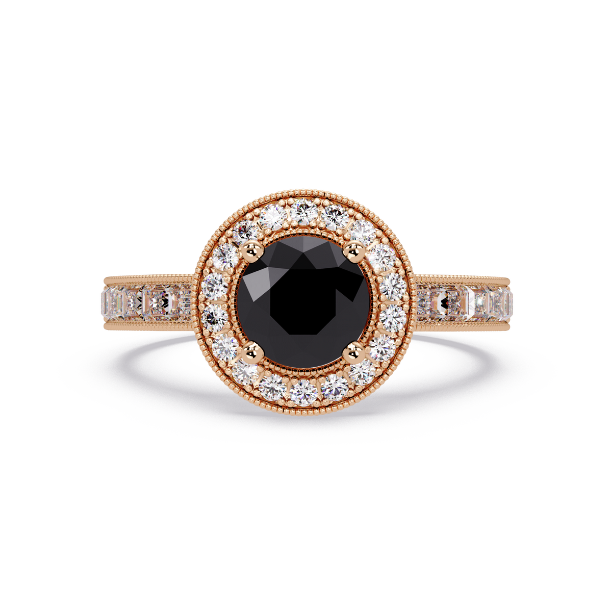 1.5 CTW Round Baguette Double-Halo Colorstone Ring with Onyx center in 14K Rose Gold – Lunéa Paris