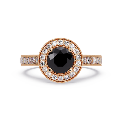 1.5 CTW Round Baguette Double-Halo Colorstone Ring with Onyx center in 14K Rose Gold – Lunéa Paris