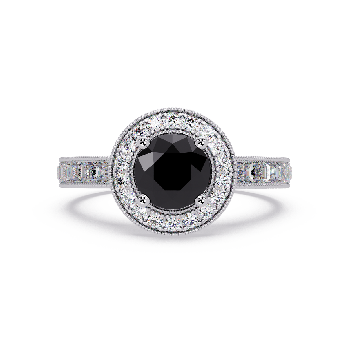 1.5 CTW Round Baguette Double-Halo Colorstone Ring with Onyx center in 14K White Gold – Lunéa Paris