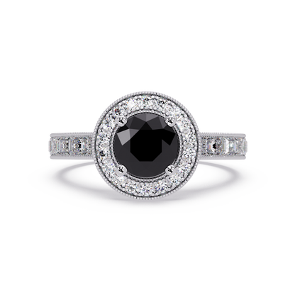 1.5 CTW Round Baguette Double-Halo Colorstone Ring with Onyx center in 14K White Gold – Lunéa Paris