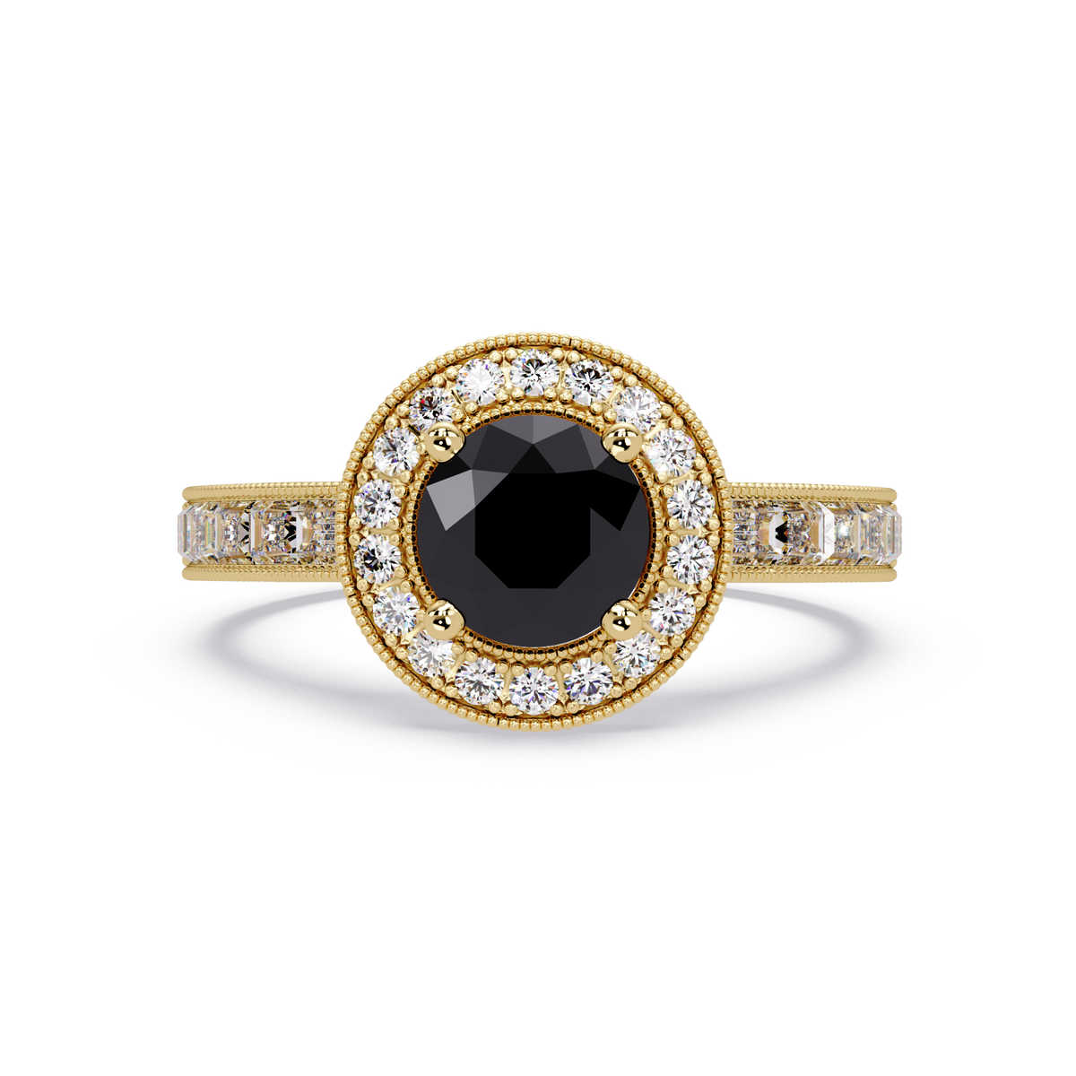 1.5 CTW Round Baguette Double-Halo Colorstone Ring with Onyx center in 14K Yellow Gold – Lunéa Paris