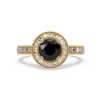 1.5 CTW Round Baguette Double-Halo Colorstone Ring with Onyx center in 14K Yellow Gold – Lunéa Paris