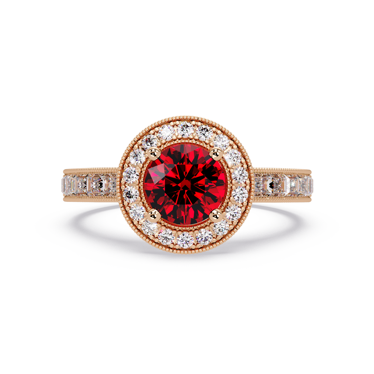 1.5 CTW Round Baguette Double-Halo Colorstone Ring with Ruby Red center in 14K Rose Gold – Lunéa Paris