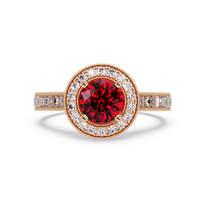 1.5 CTW Round Baguette Double-Halo Colorstone Ring with Ruby Red center in 14K Rose Gold – Lunéa Paris