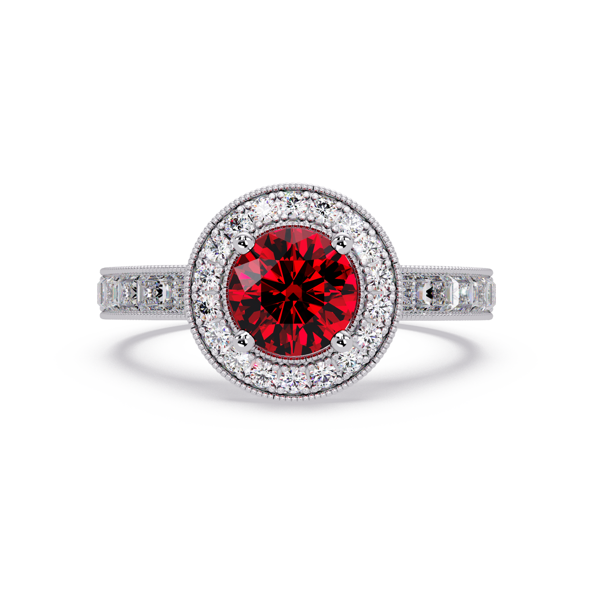 1.5 CTW Round Baguette Double-Halo Colorstone Ring with Ruby Red center in 14K White Gold – Lunéa Paris